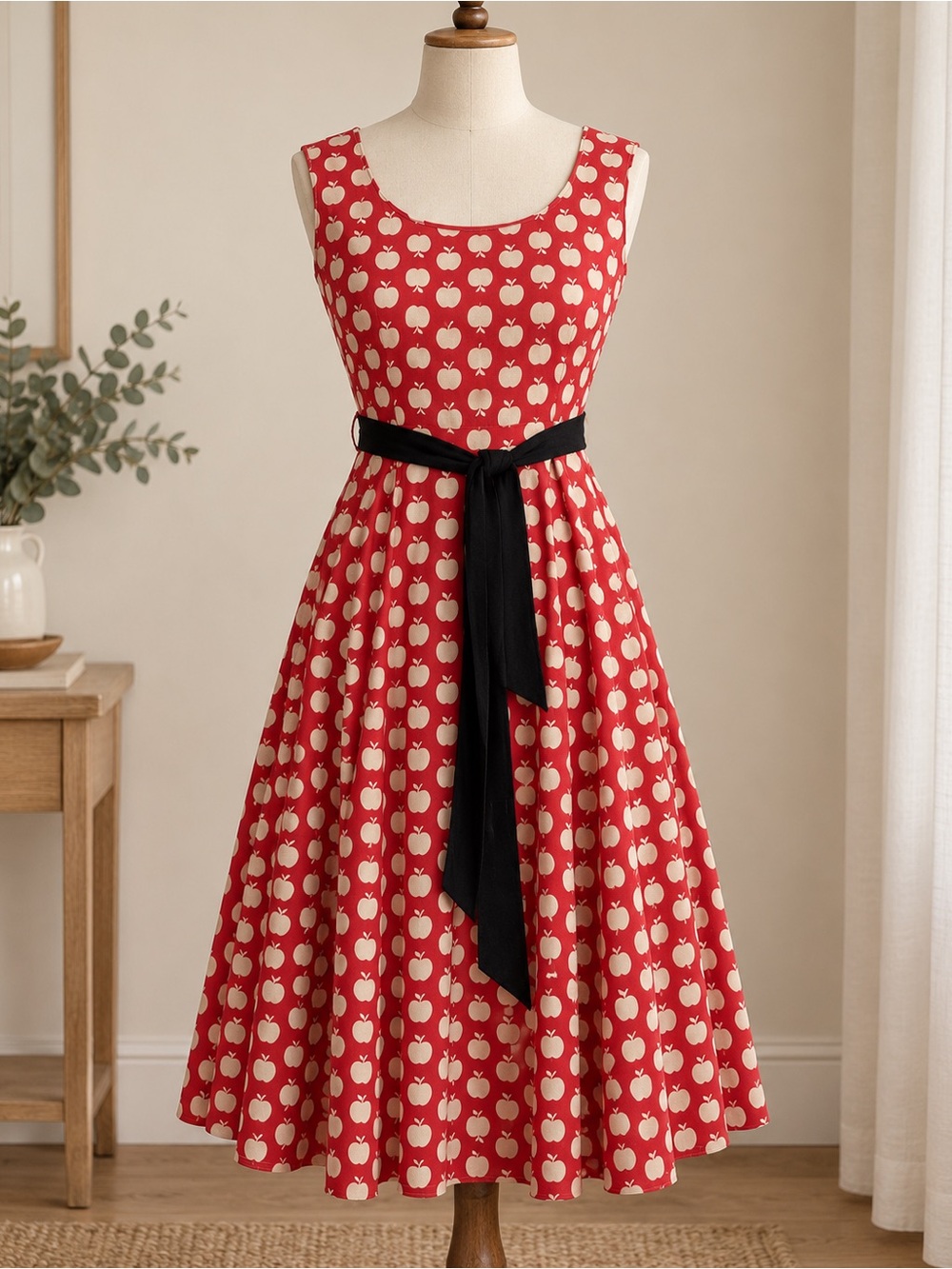 Effie's Heart Red Apple Print Dress with Black Waist Tie